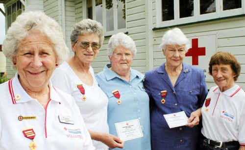 Honoured for 119 years of service Red Cross volunteers (front from left) Cynthia Willi (40 years service), Barbara Reid (19 years), Lilian McBean (20 years), Lorna Church (30 years) and Margaret Waltisbuhl (10 years). Honoured for 119 years of service Red Cross volunteers (front from left) Cynthia Willi (40 years service), Barbara Reid (19 years), Lilian McBean (20 years), Lorna Church (30 years) and Margaret Waltisbuhl (10 years).